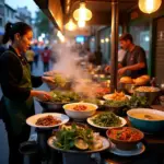 Hanoi street food stalls selling banh mi and bun cha