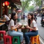 Couple Enjoying Bun Cha at Street Food Stall in Hanoi