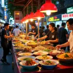 Hanoi's bustling street food market with a variety of food stalls