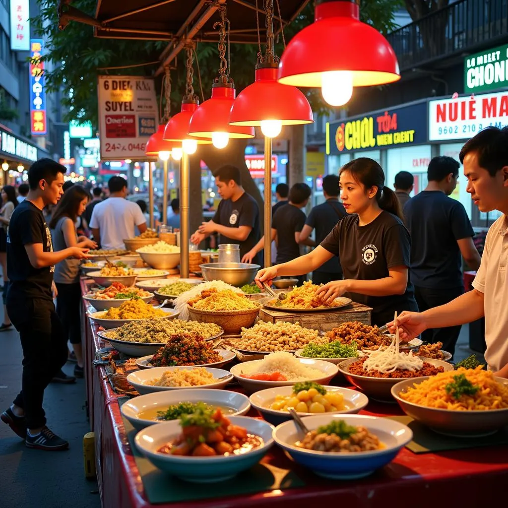 Hanoi's bustling street food market with a variety of food stalls