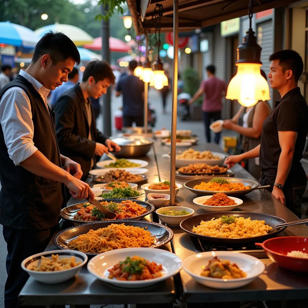 Bustling street food market in Hanoi, Vietnam