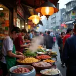 Hanoi street food market bustling with activity