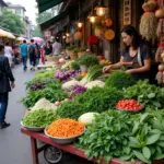 Hanoi street food market with fresh produce