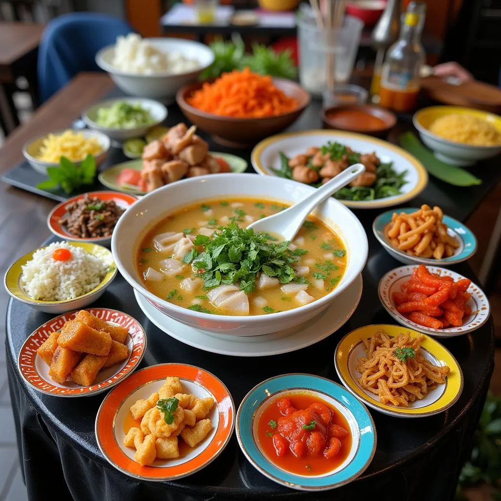 A table filled with a variety of Hanoi street food, including pho and che