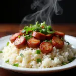 Steaming plate of rice with Vietnamese sausage