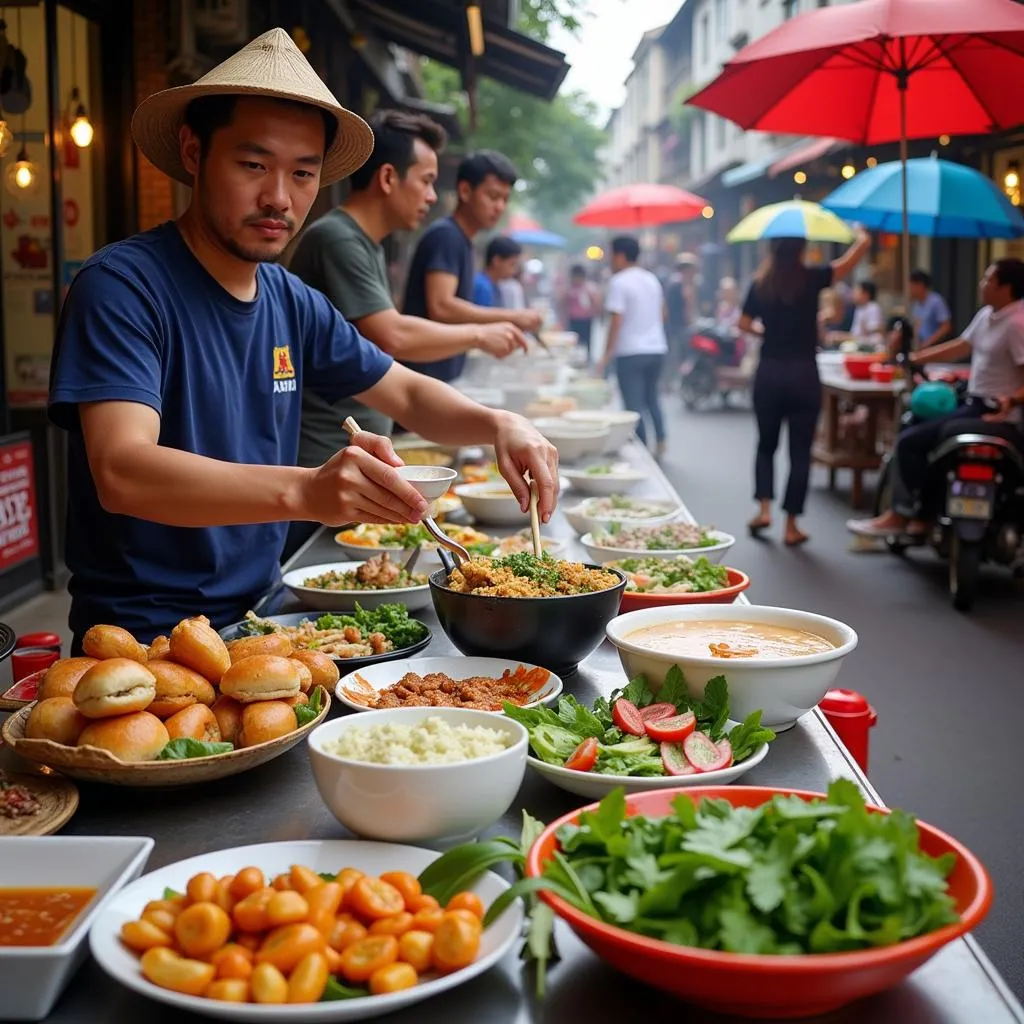 Hanoi street food scene with vendors preparing and serving dishes