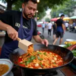 Hanoi street food vendor preparing spicy box