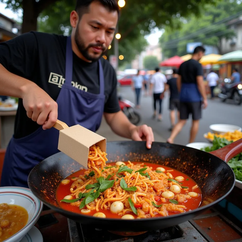 Hanoi street food vendor preparing spicy box