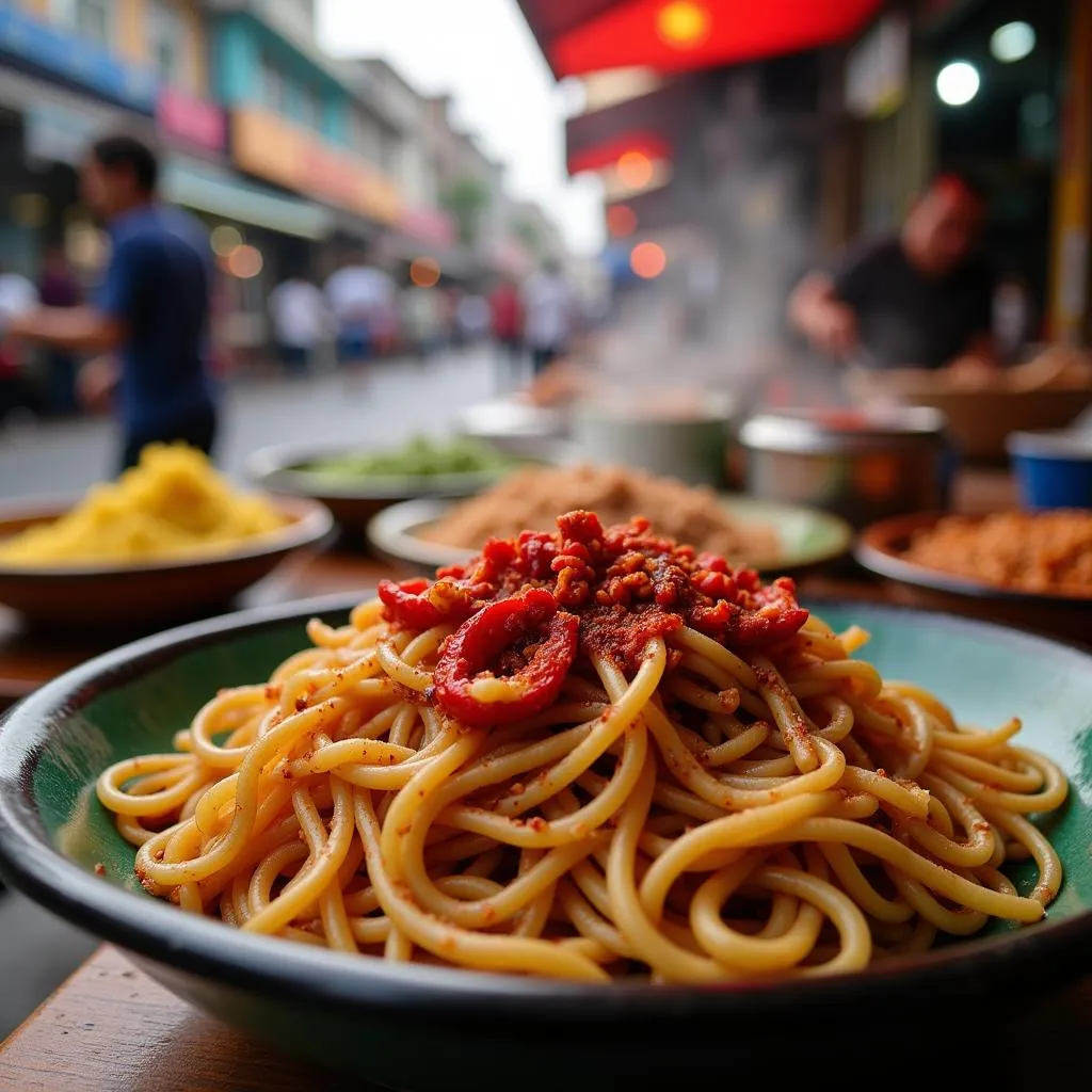 Hanoi street food with spicy noodles