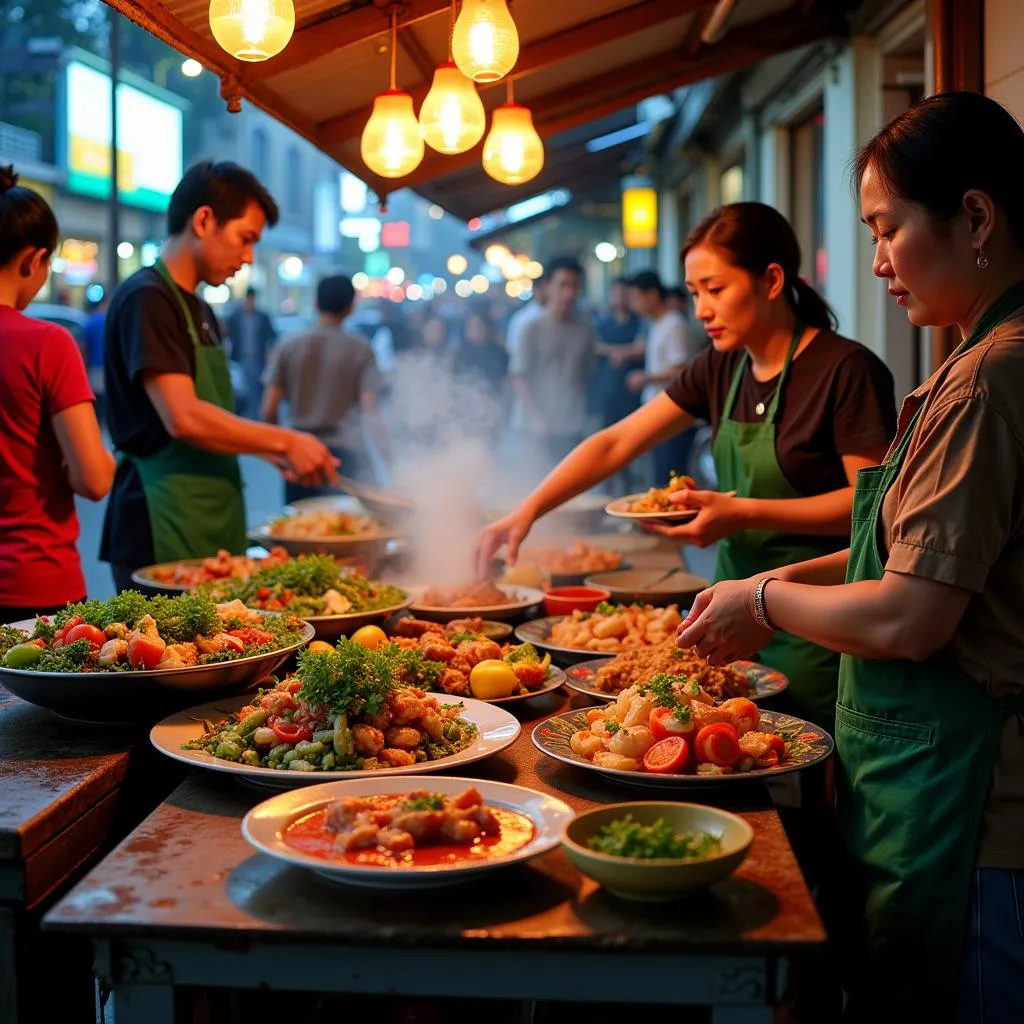 A bustling street food stall in Hanoi