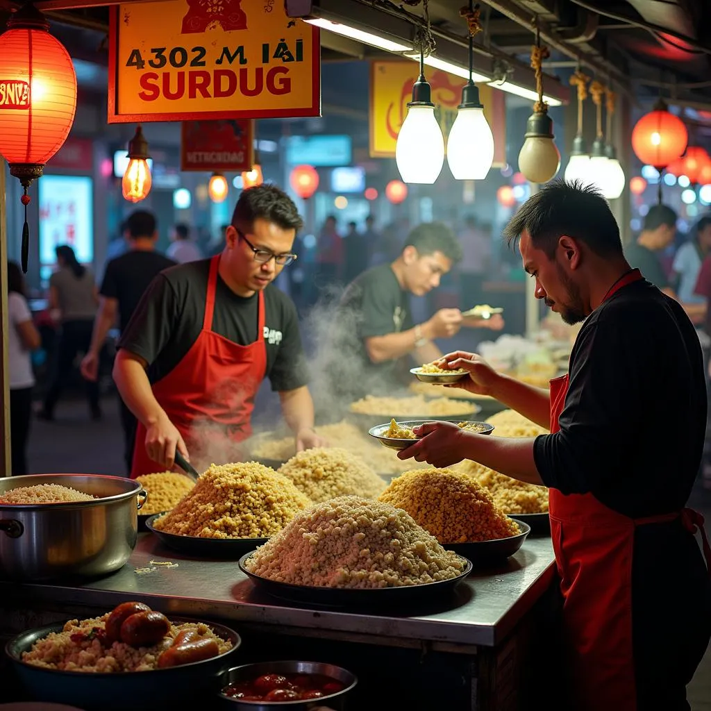 A bustling street food stall in Hanoi's Old Quarter