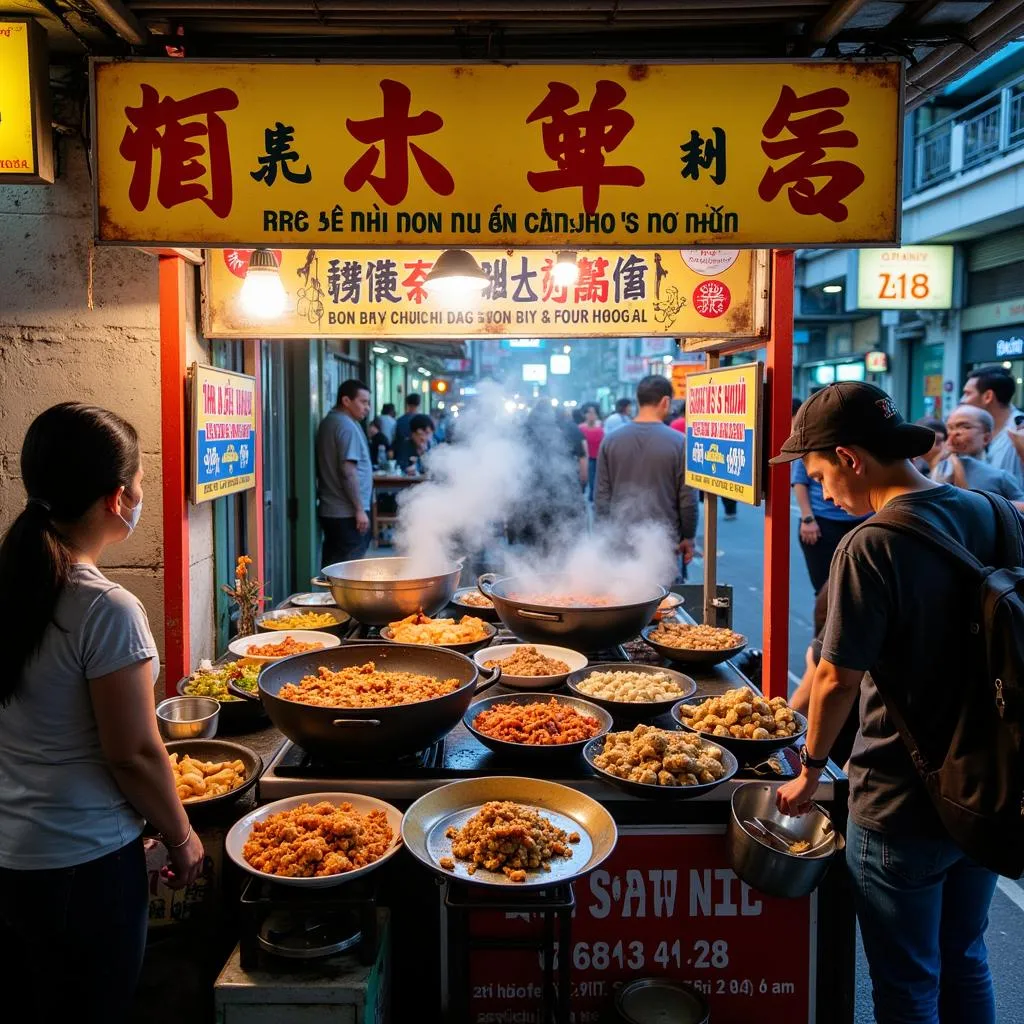 Hanoi street food stall with colorful signs and steaming dishes