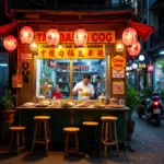 Hanoi street food stall with colorful signs