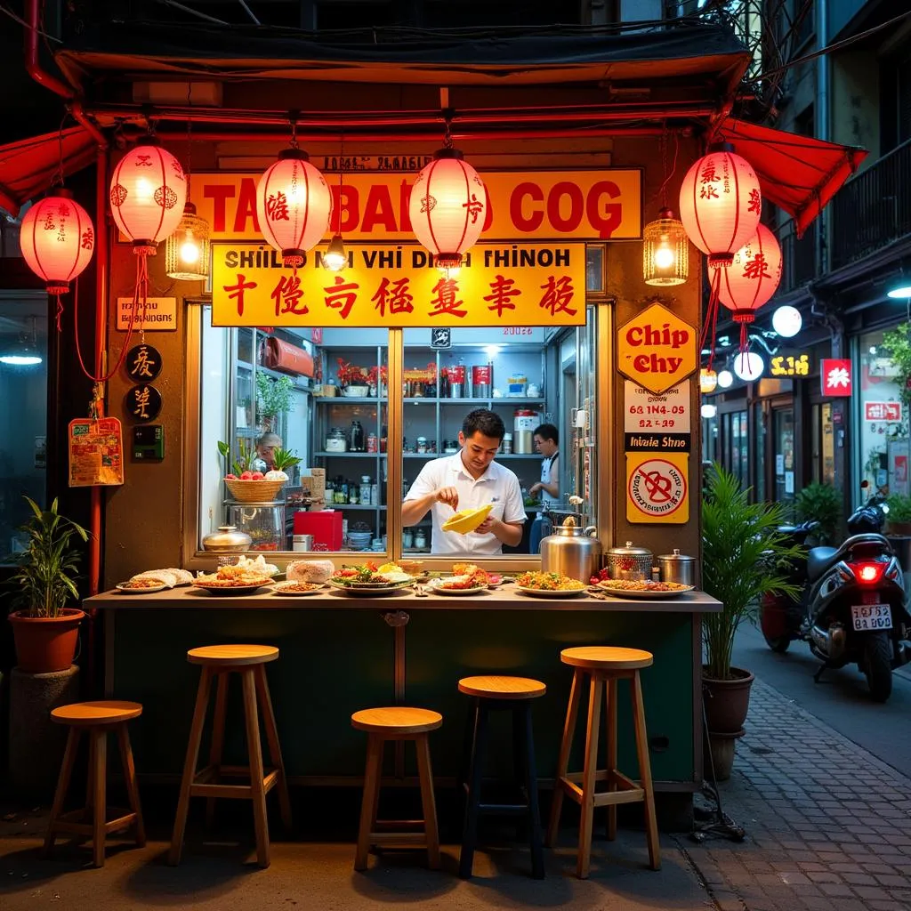 Hanoi street food stall with colorful signs