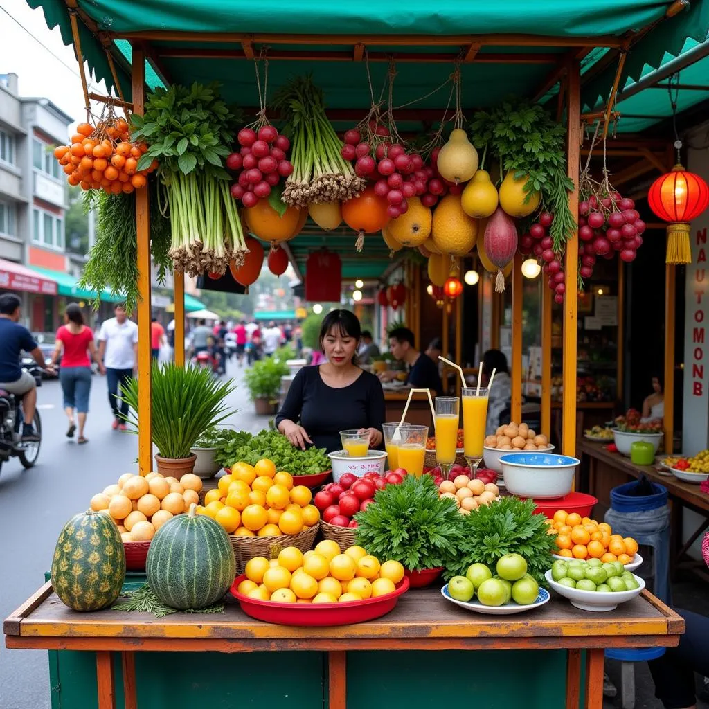 Hanoi street food stall with cooling drinks