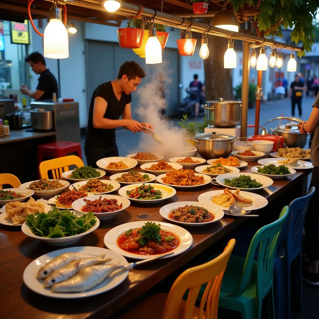 Hanoi street food stall with a colorful display of catfish dishes, showcasing the variety and vibrancy of Vietnamese cuisine