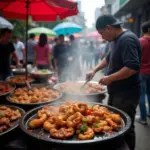 Hanoi street food stall with sizzling Moc Vuong