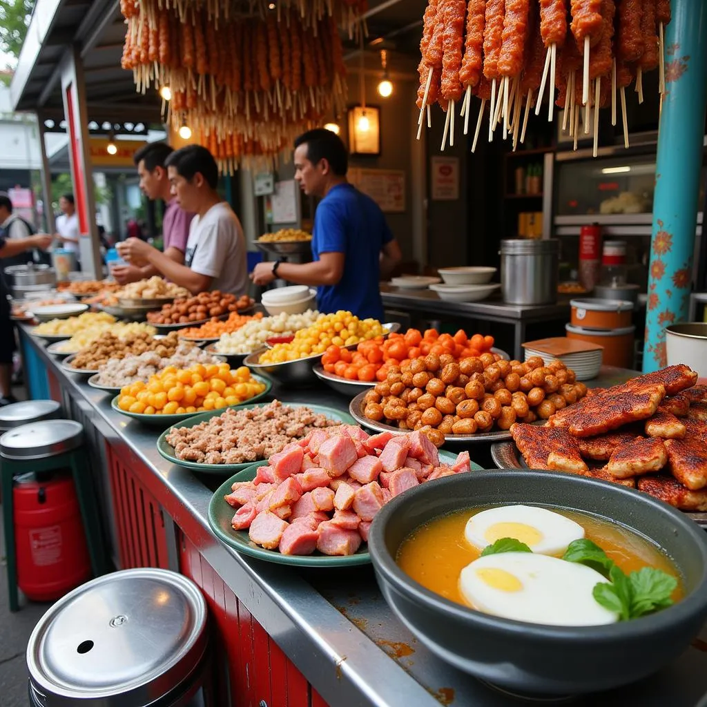 Hanoi street food stall with a variety of pork dishes