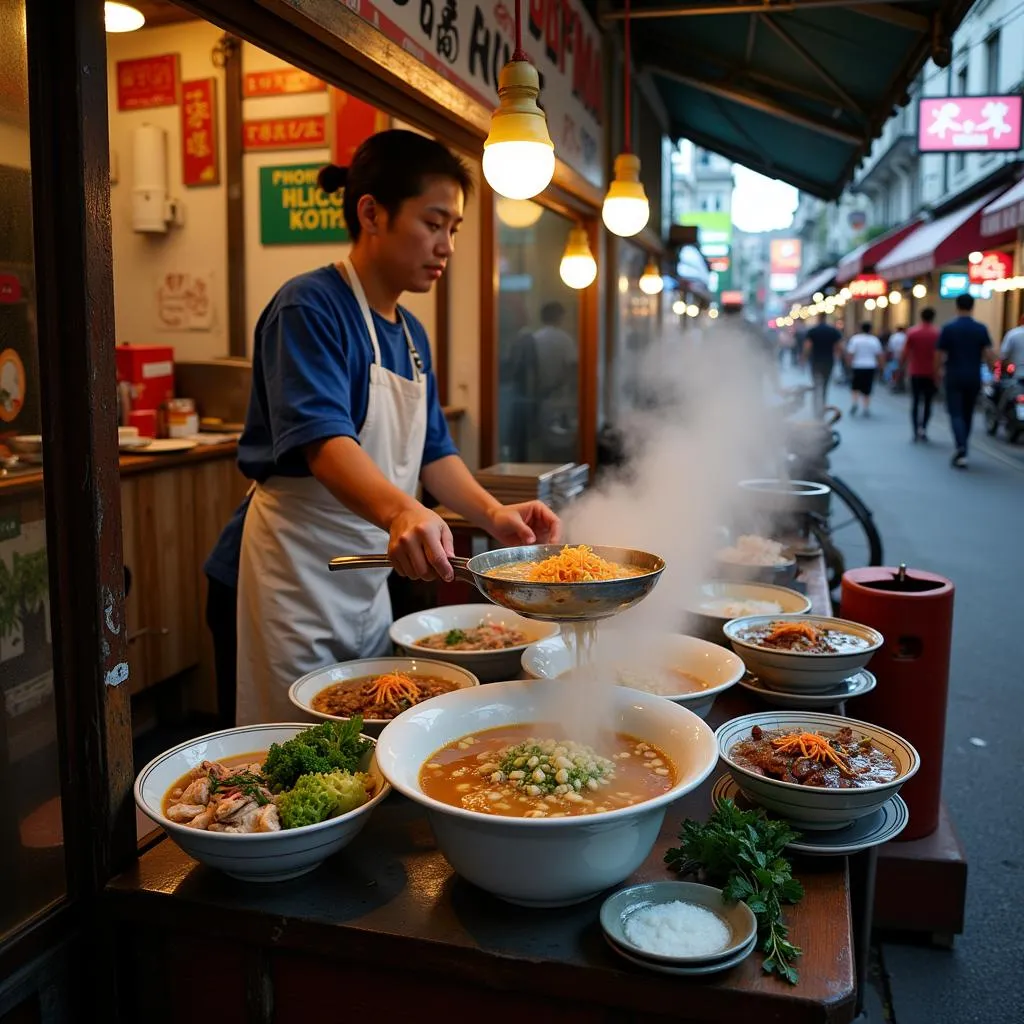 Hanoi street food stall serving Pho