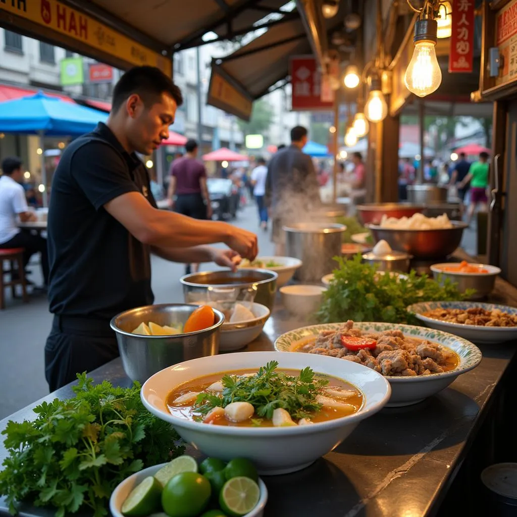 Hanoi street food stall serving pho ga