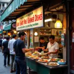 Hanoi street food stall with Khmer cuisine sign