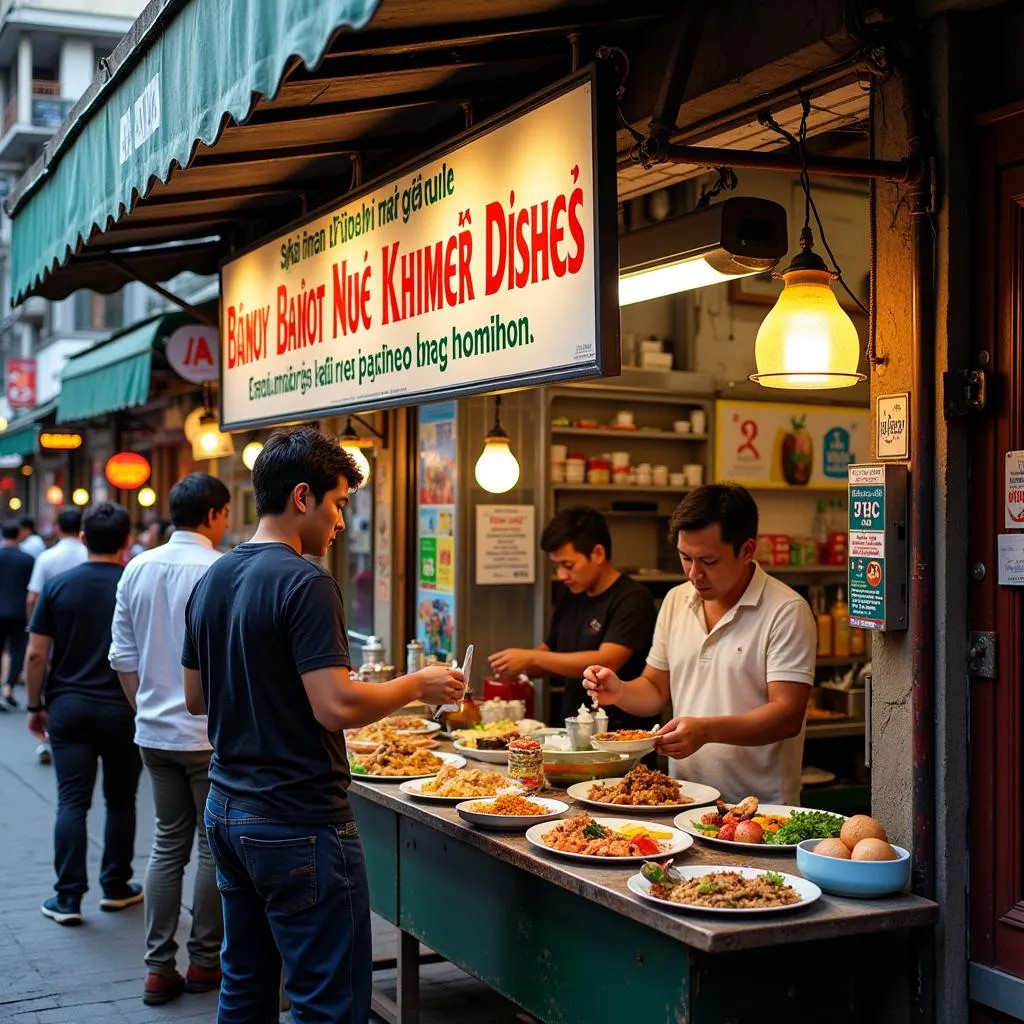 Hanoi street food stall with Khmer cuisine sign