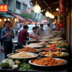 Hanoi street food vendors preparing dishes