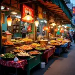 Hanoi street food stalls with various dishes