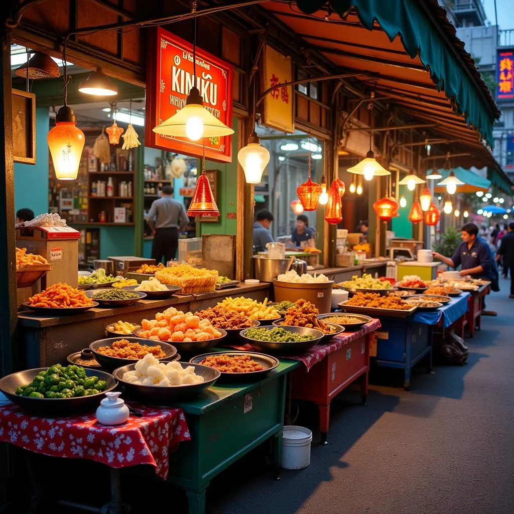 Hanoi street food stalls with various dishes