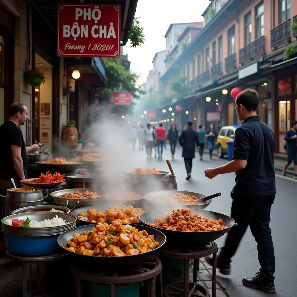 Hanoi street food stalls with signs for fresh cooked dishes