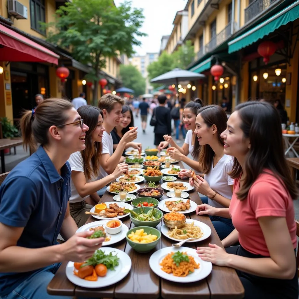 Group enjoying Vietnamese street food tour in Hanoi Old Quarter