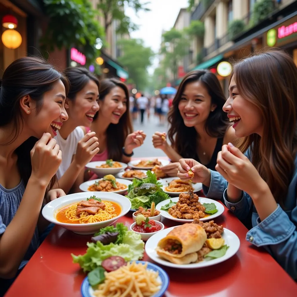 Group of friends enjoying a street food tour in Hanoi