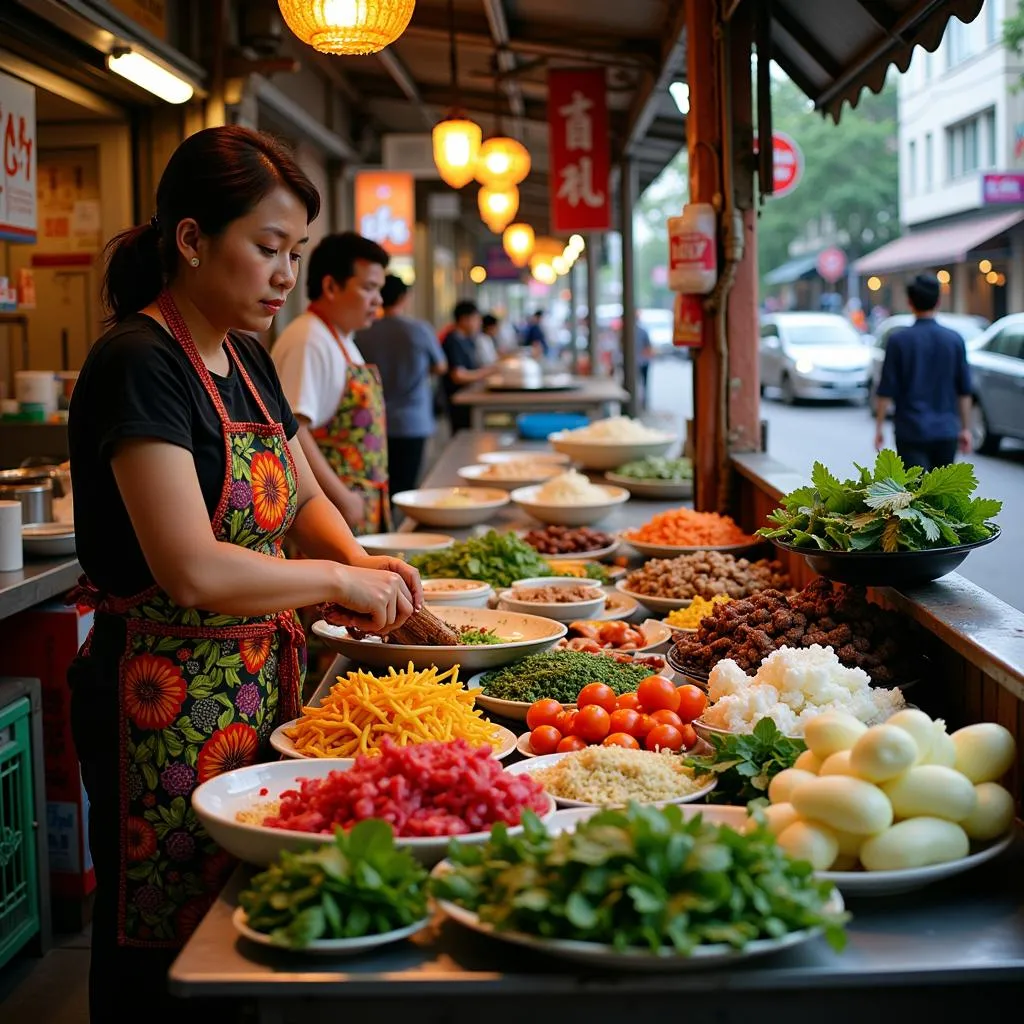 A street food vendor preparing fresh food in Hanoi