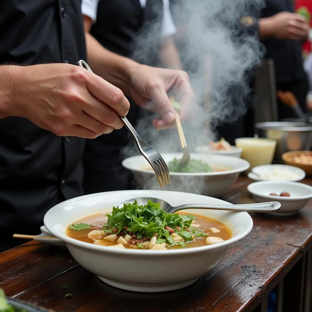 Hanoi street food vendor preparing pho