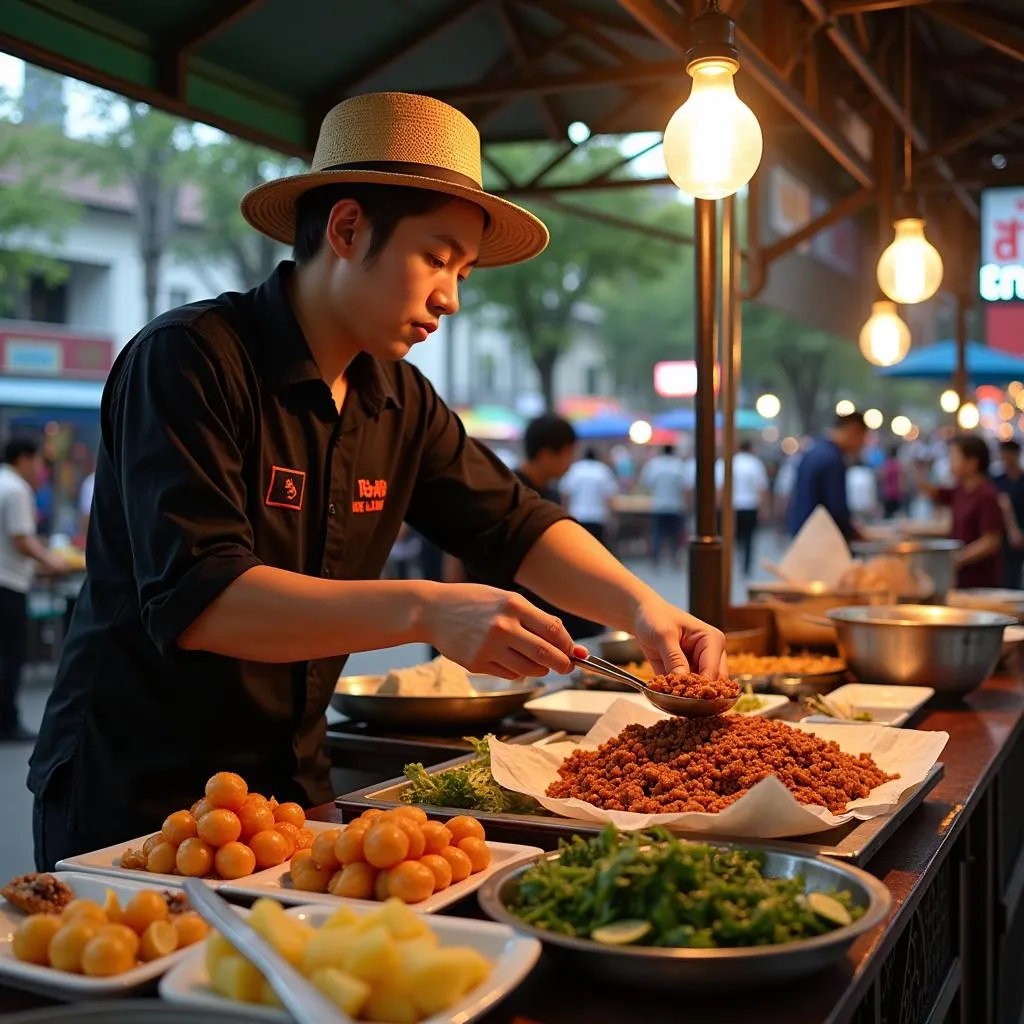 Hanoi street food vendor preparing a dish