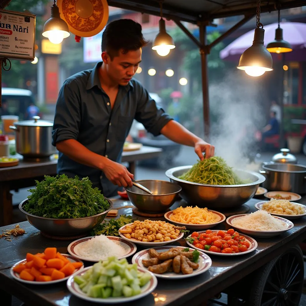 Hanoi street food vendor preparing a dish