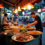 Hanoi street food vendor preparing dishes