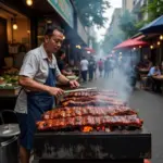 Hanoi Street Food Vendor Grilling Ribs