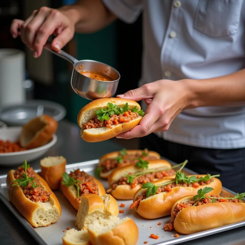 Hanoi street food vendor making Banh Mi