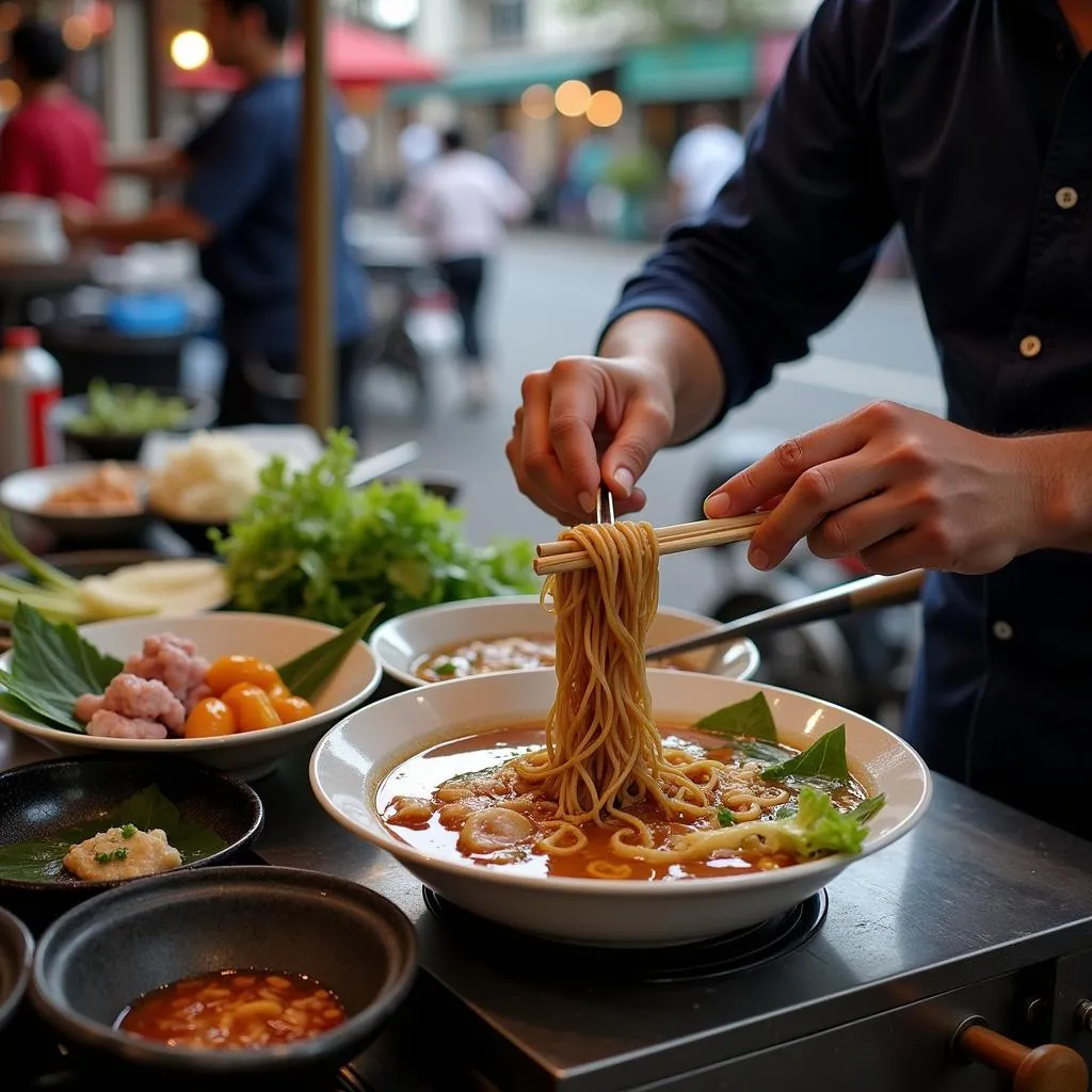 Street food vendor making noodle soup in Hanoi