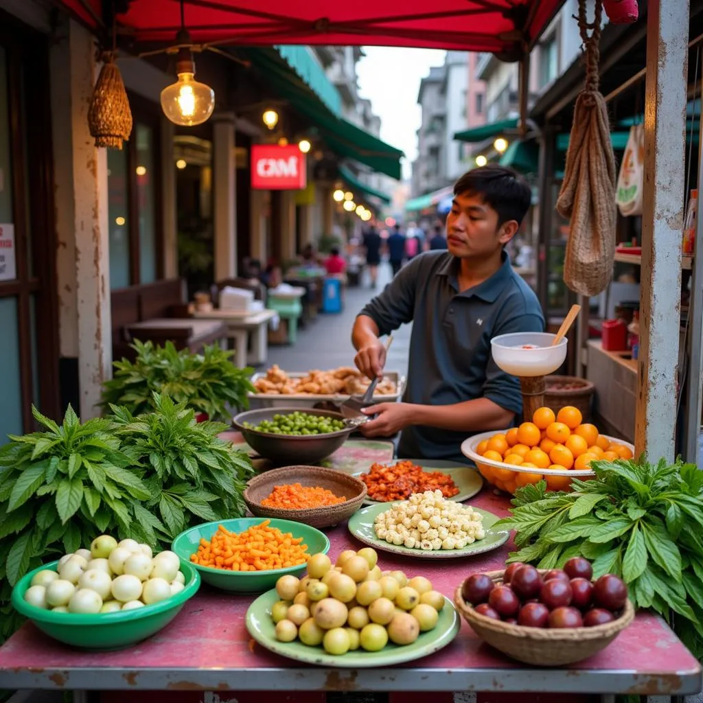 Hanoi street food vendor preparing &quot;Món Ăn Non&quot; dishes