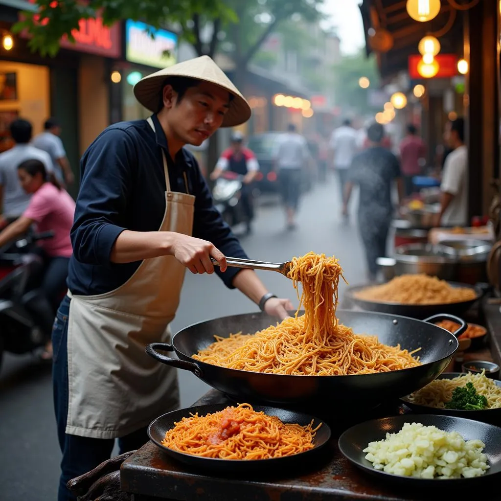 Street food vendor in Hanoi preparing Pad Thai