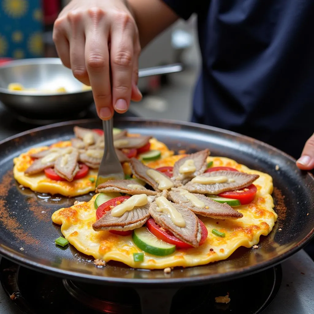 Hanoi Street Food Vendor Preparing Banh Trang Nuong with Stingray