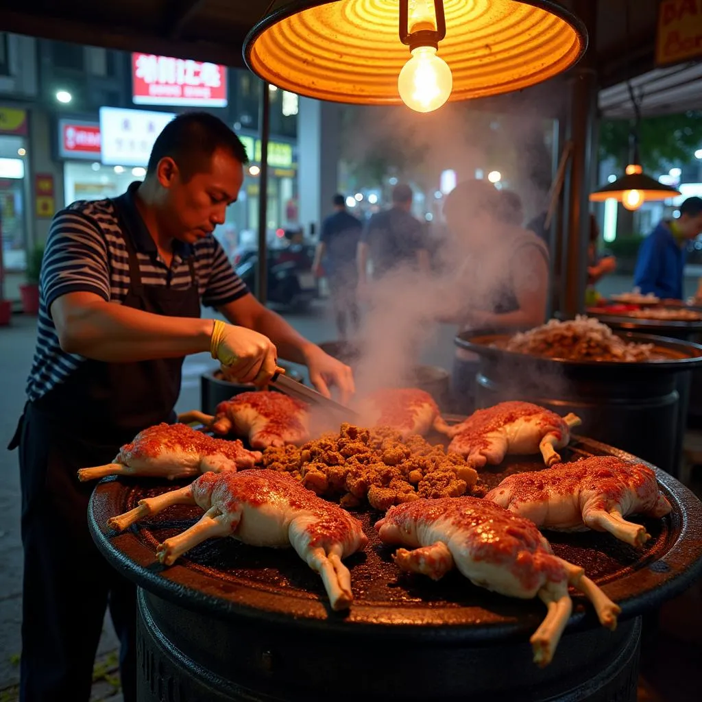 Hanoi street food vendor preparing deer meat