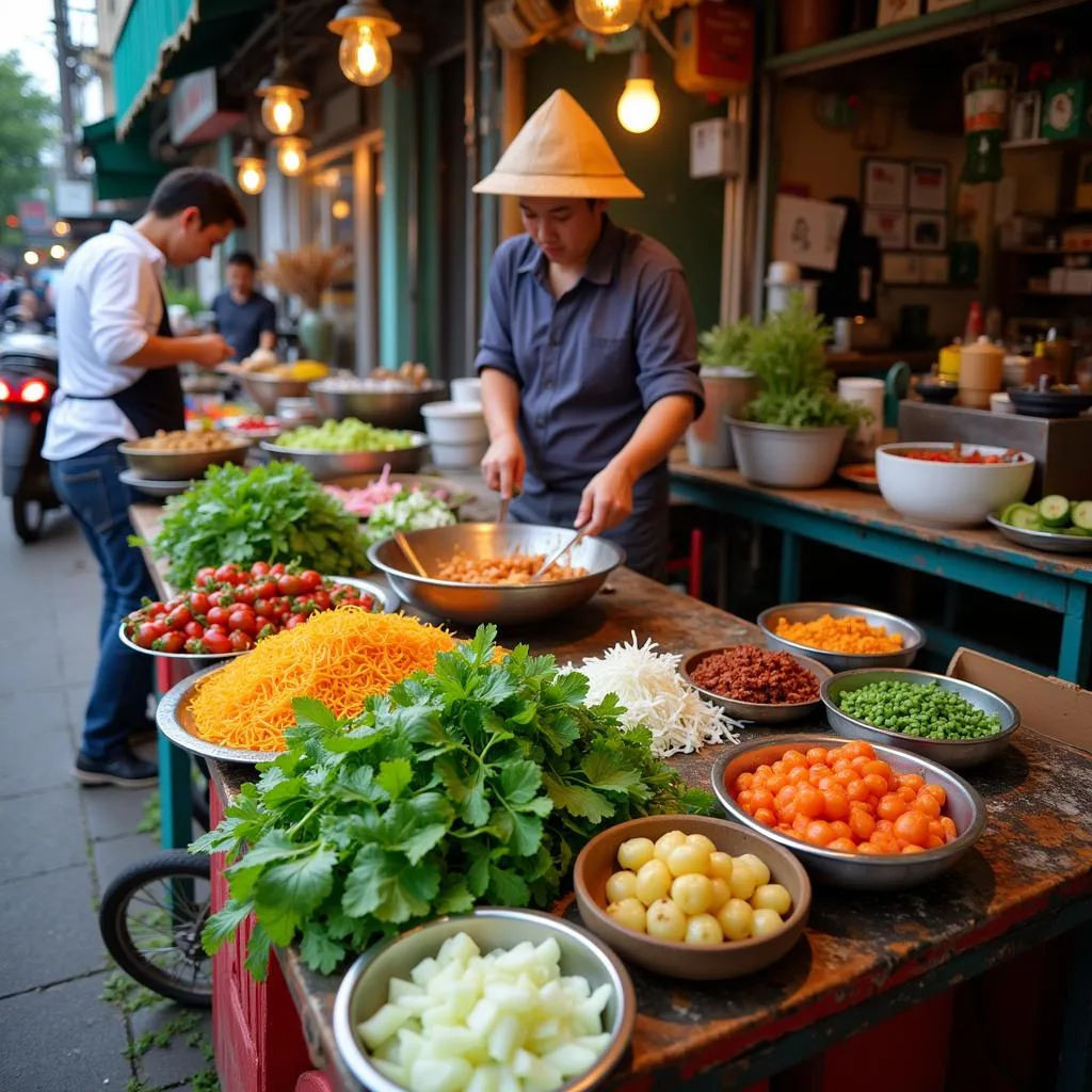 Hanoi Street Food Vendor Preparing Fresh Ingredients