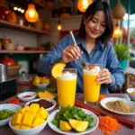 Street food vendor preparing fresh mango shake in Hanoi