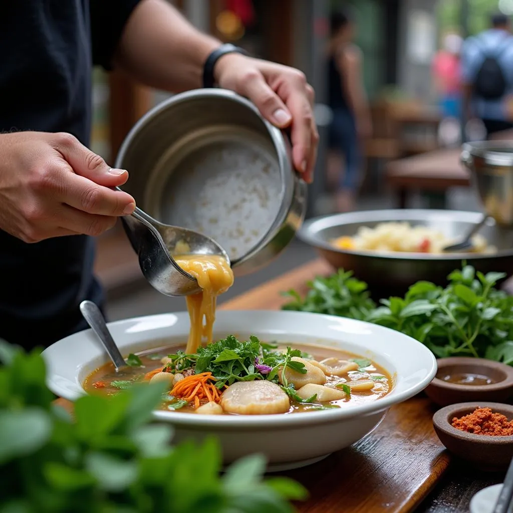 Hanoi street food vendor preparing a bowl of Pho