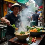 Hanoi street food vendor preparing a bowl of pho