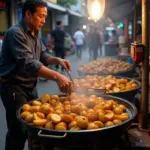 Hanoi street food vendor skillfully preparing a potato dish, showcasing the ingredient's versatility in Vietnamese cuisine