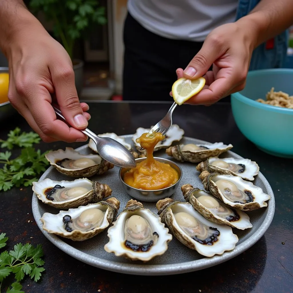 Hanoi street food vendor selling fresh oysters